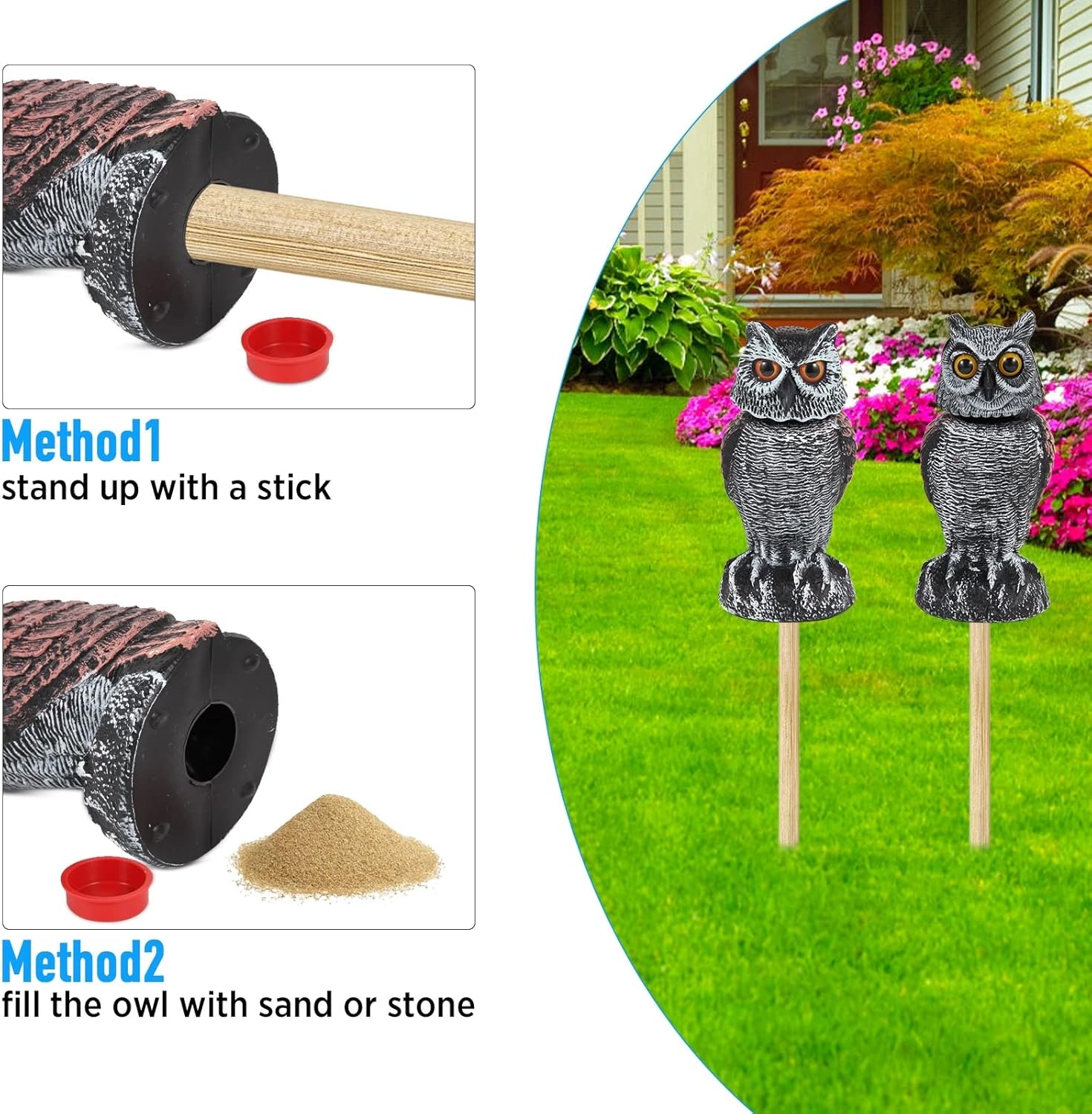 Realistischer 2-Pack-Eulenköder mit rotierenden Kopf-Outdoor-Vogel und Schädlingsschutzmittel 5