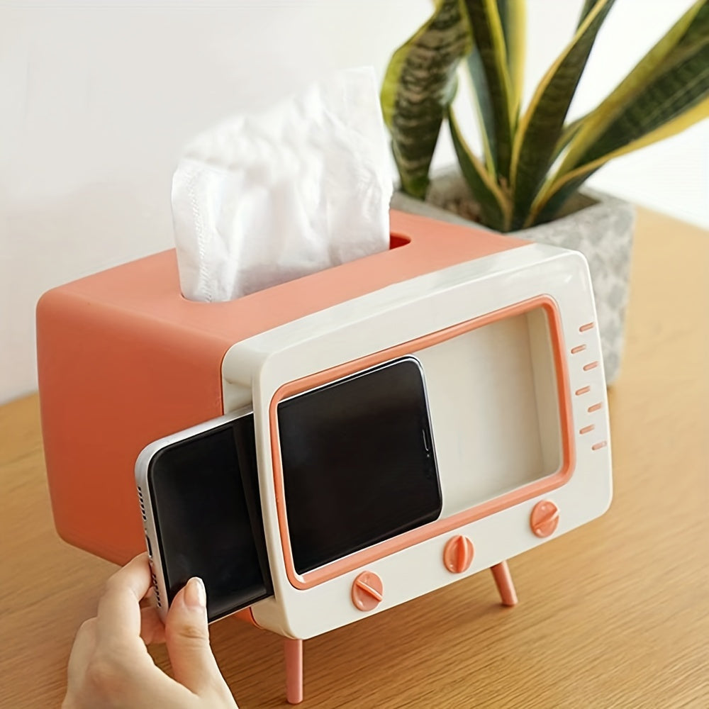Retro -TV -Tissue -Box -Halter mit Smartphone -Dock - Multifunktionales Gewebeschutz für Heim- und Bürodekoration 0