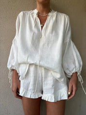Zara | Elegantes V-Ausschnitt-Shirt und Rüschenshorts-Set