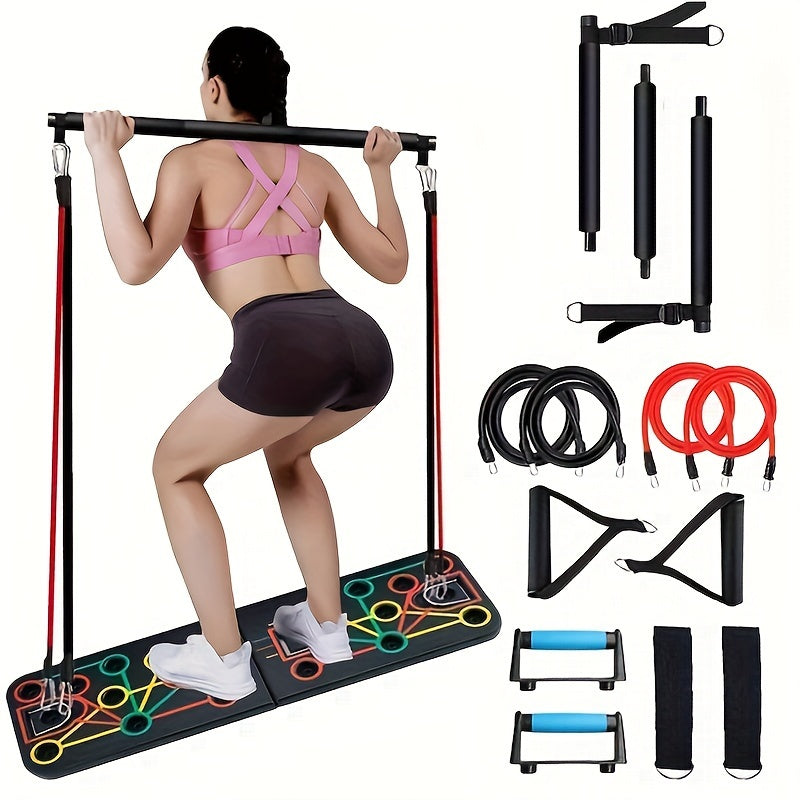 Set mit Armdehnübungen und Planks inklusive Griffen, elastischen Bändern und Zubehör – ideal für Brust- und Bauchmuskeltraining 0