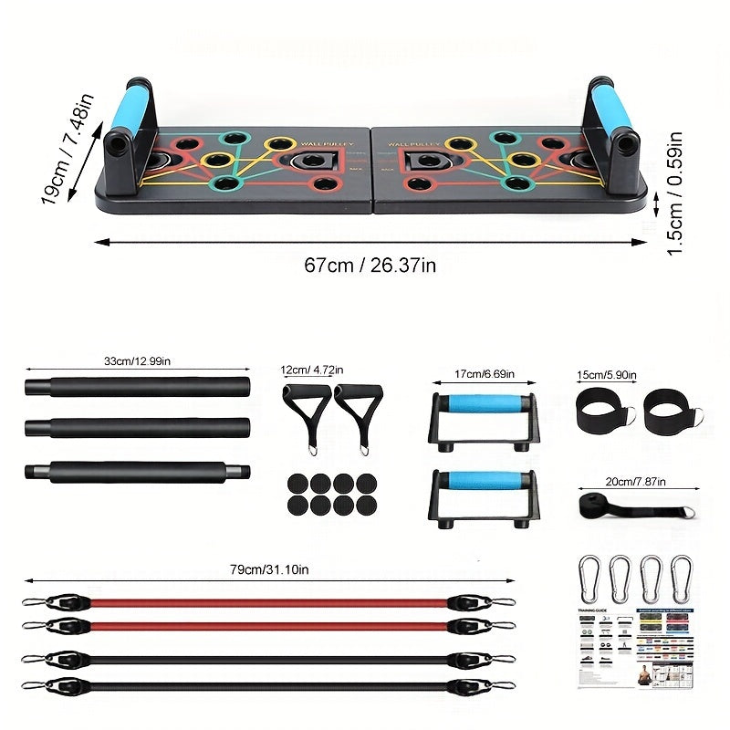 Set mit Armdehnübungen und Planks inklusive Griffen, elastischen Bändern und Zubehör – ideal für Brust- und Bauchmuskeltraining 1