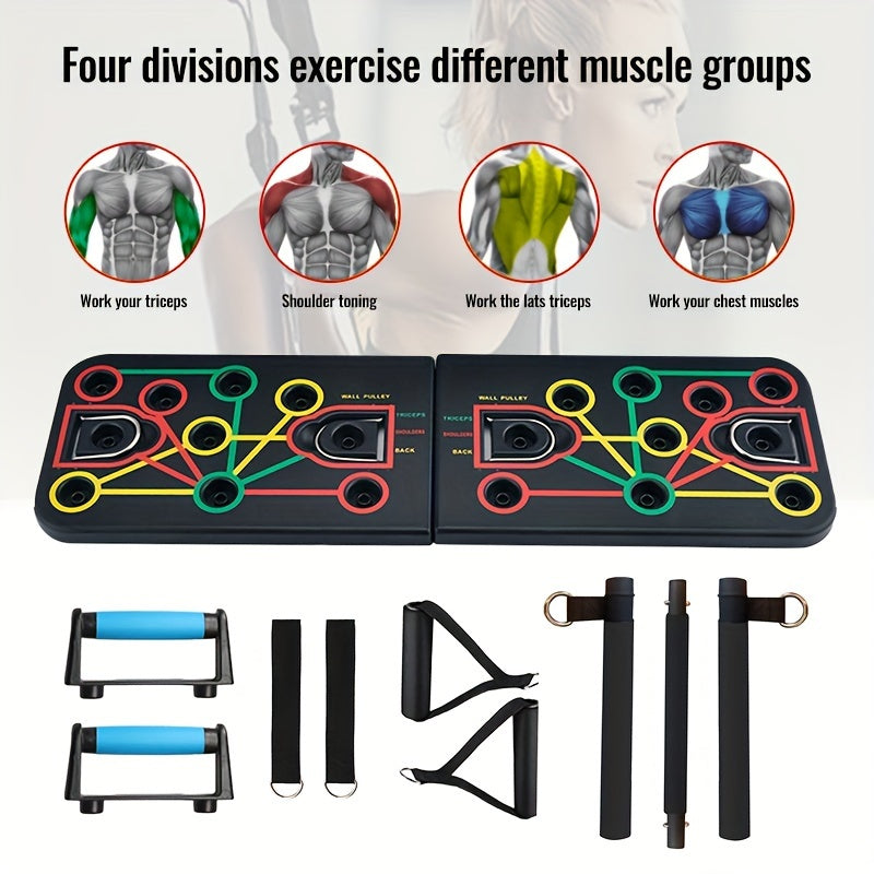 Set mit Armdehnübungen und Planks inklusive Griffen, elastischen Bändern und Zubehör – ideal für Brust- und Bauchmuskeltraining 3