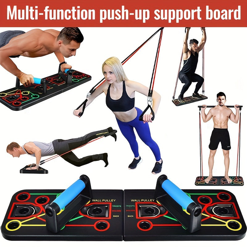Set mit Armdehnübungen und Planks inklusive Griffen, elastischen Bändern und Zubehör – ideal für Brust- und Bauchmuskeltraining 4