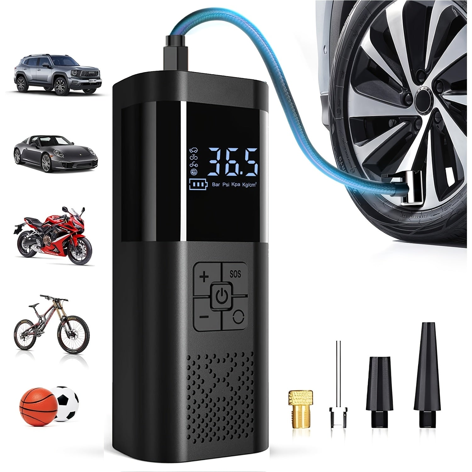 Tragbarer Luftkompressor mit LCD -Bildschirm und LED -Licht - 150 psi -Inflator für Autos, Fahrräder und Sportgeräte 3