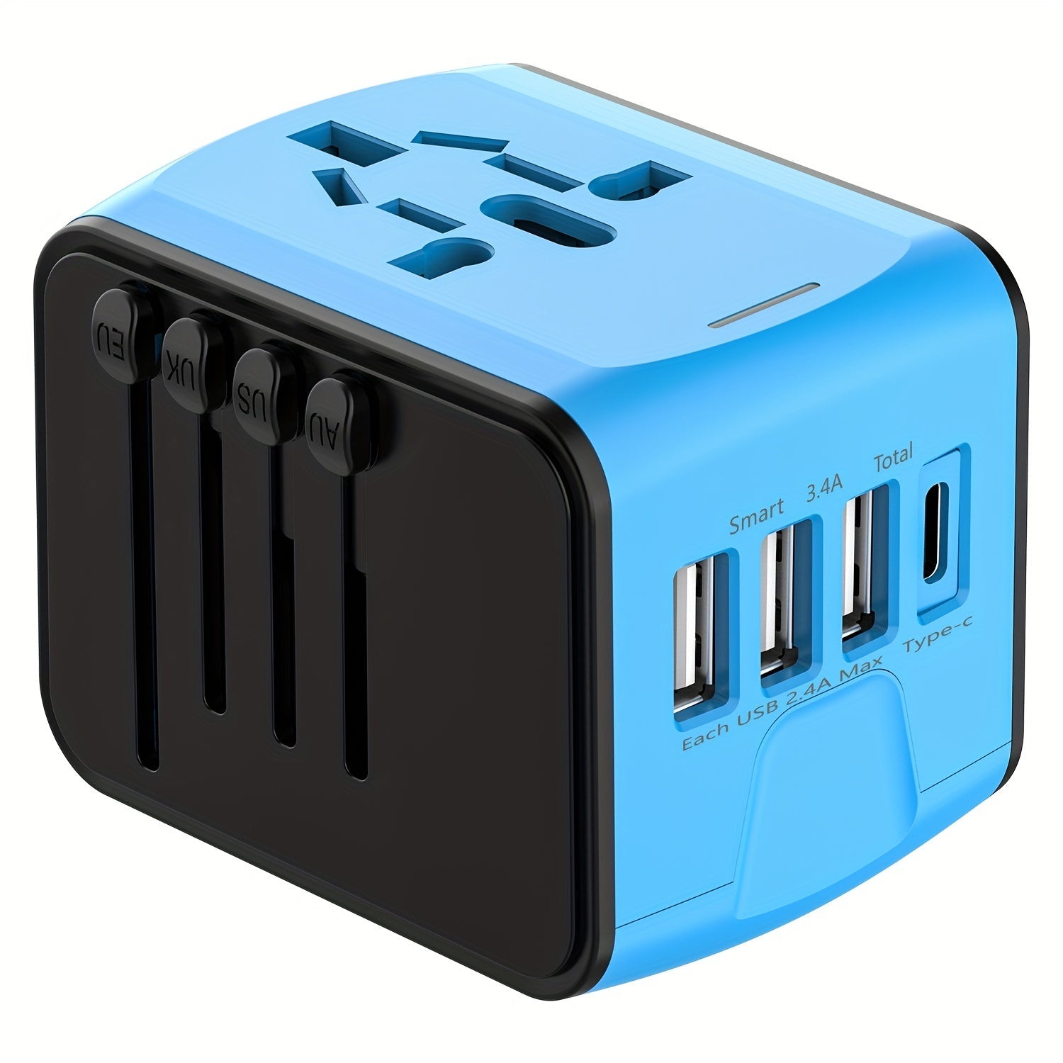 Universeller Reiseadapter mit 4 USB-Anschlüssen und Typ-C-Globale Kompatibilität, schnelle Ladesicherheitsfunktionen 0