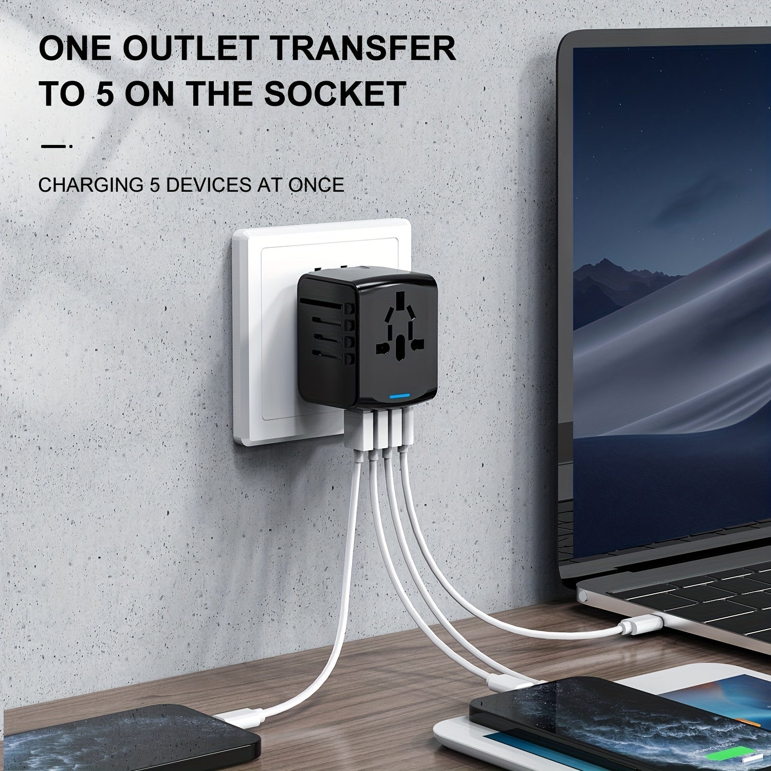 Universeller Reiseadapter mit 4 USB-Anschlüssen und Typ-C-Globale Kompatibilität, schnelle Ladesicherheitsfunktionen 5