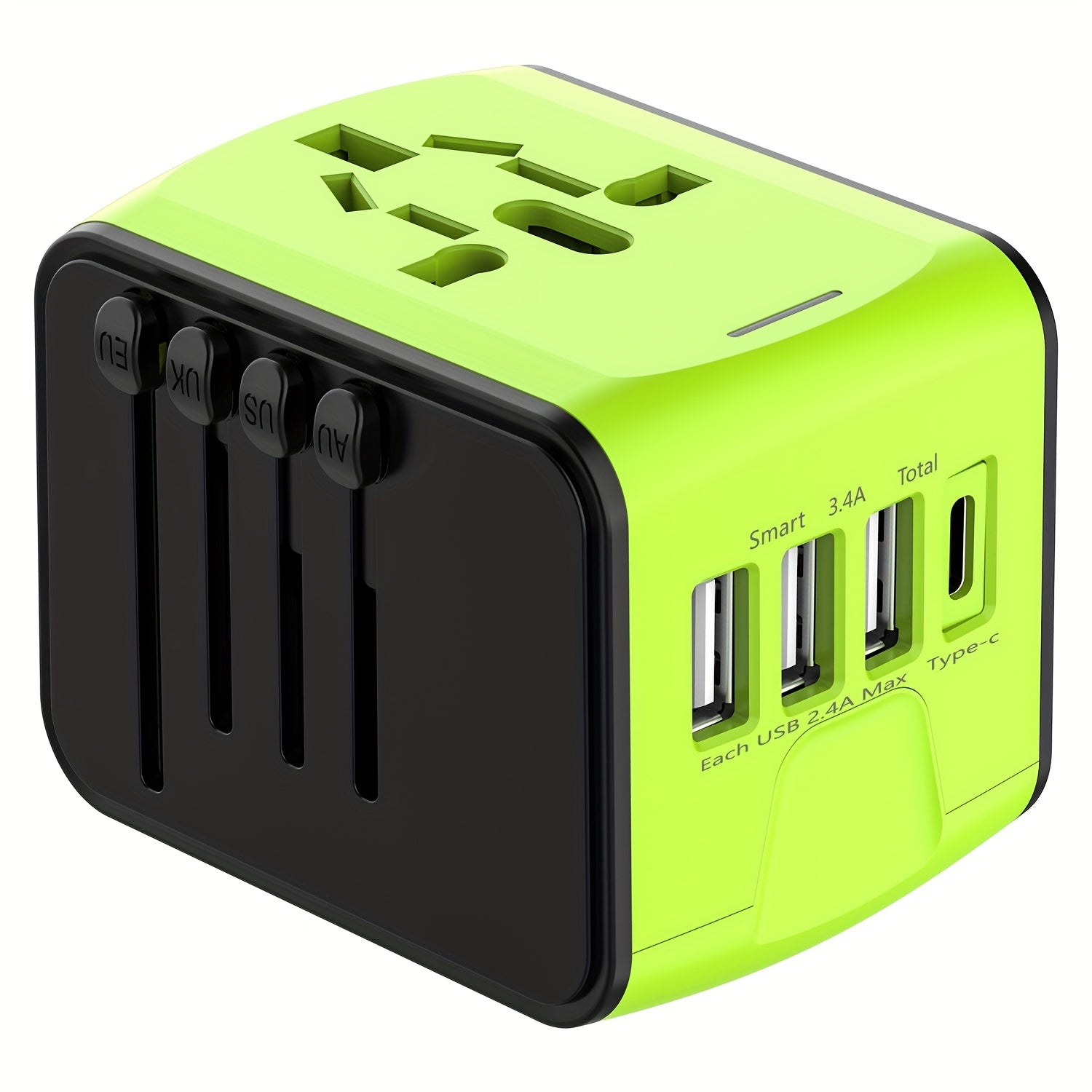 Universeller Reiseadapter mit 4 USB-Anschlüssen und Typ-C-Globale Kompatibilität, schnelle Ladesicherheitsfunktionen 6