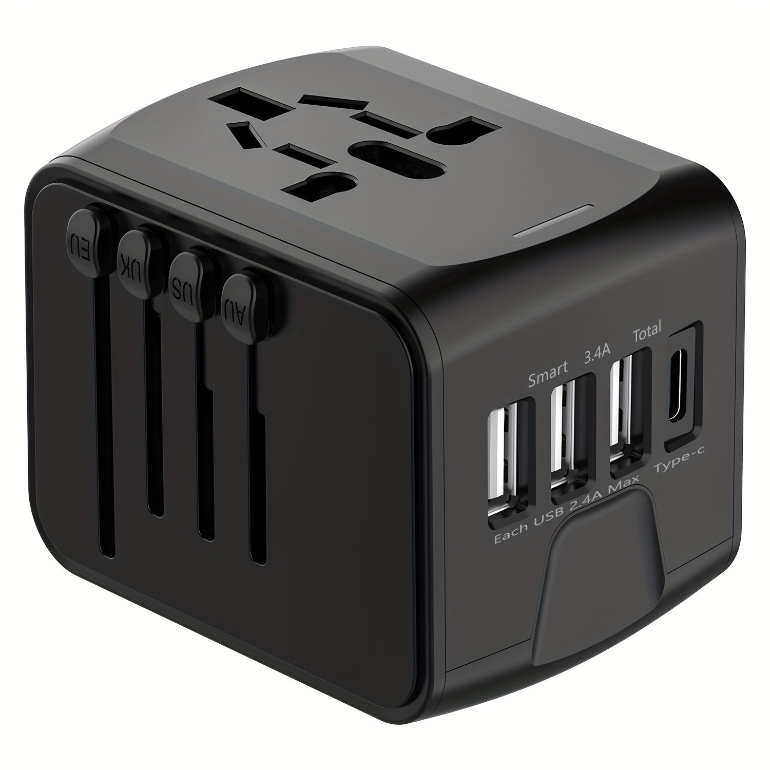 Universeller Reiseadapter mit 4 USB-Anschlüssen und Typ-C-Globale Kompatibilität, schnelle Ladesicherheitsfunktionen 8
