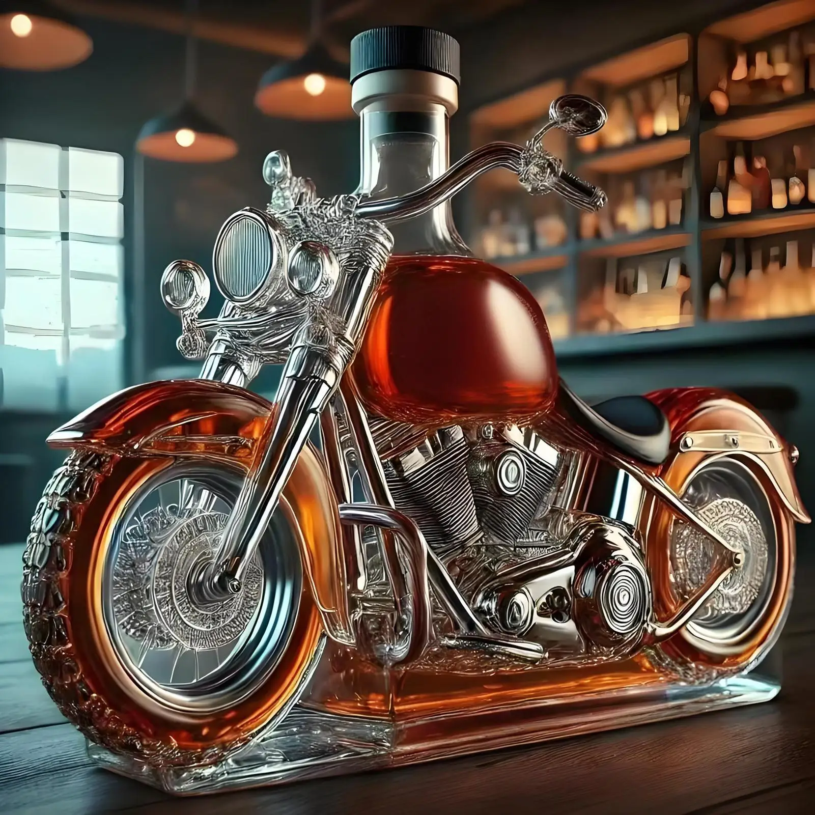 Whiskykaraffe in Form eines Harley-Davidson-Motorrads für die Hausbar 0