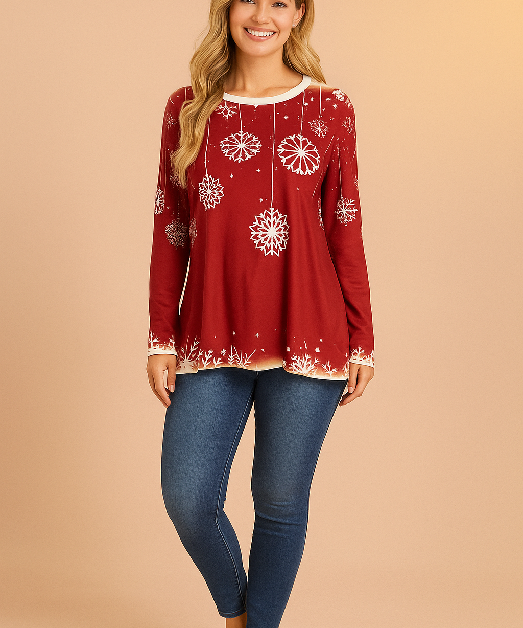 Women's festive red Christmas sweater with white snowflake prints, long sleeves, and a relaxed fit — perfect for cozy winter wear or holiday gatherings.