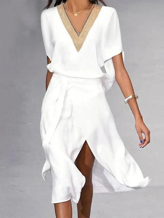 Isabella – Schickes V-Ausschnitt Weißes Midi-Kleid für einen zeitgenössischen Look